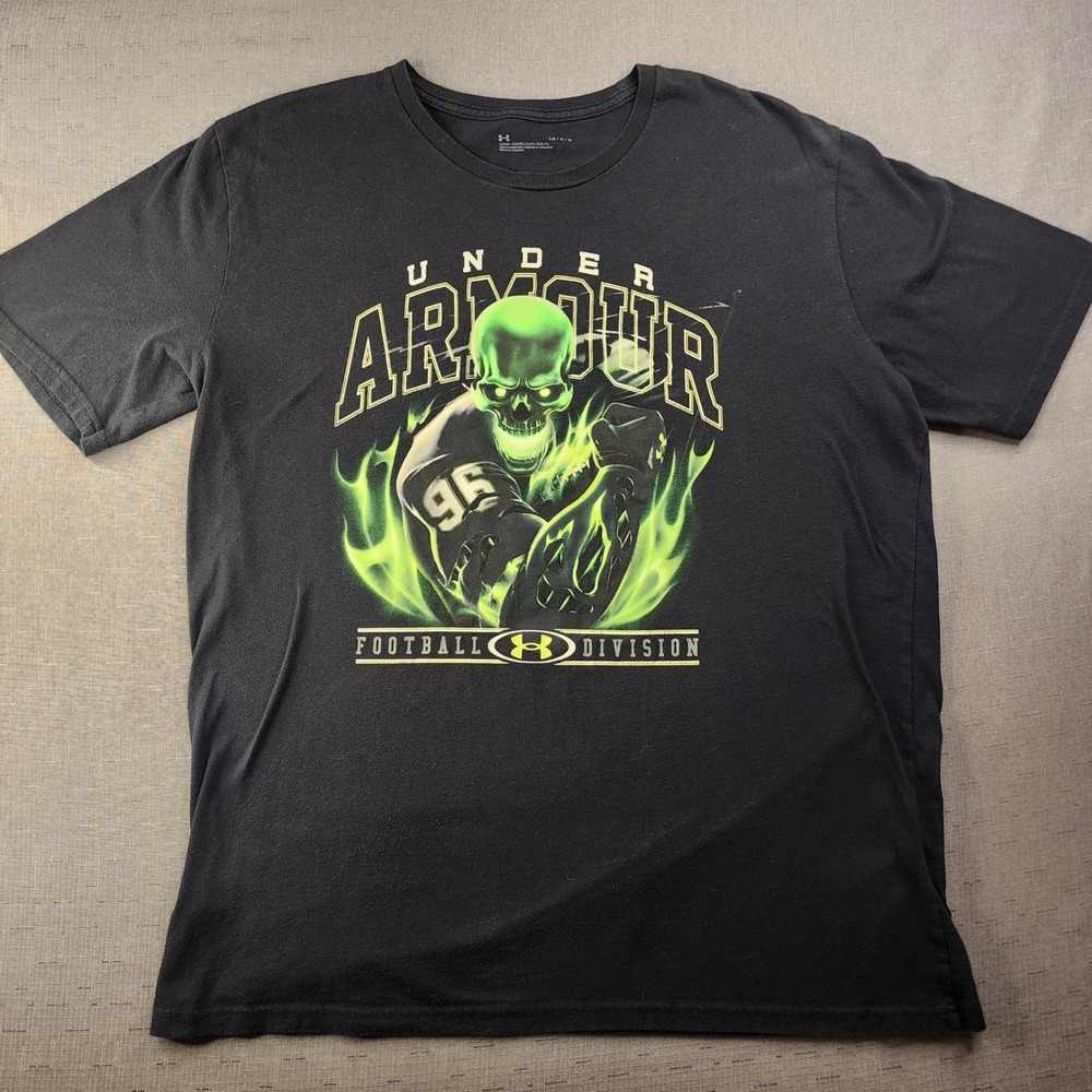 Under Armour Ghost Football Halloween Graphic Shirt Black Neon Green Skull LG